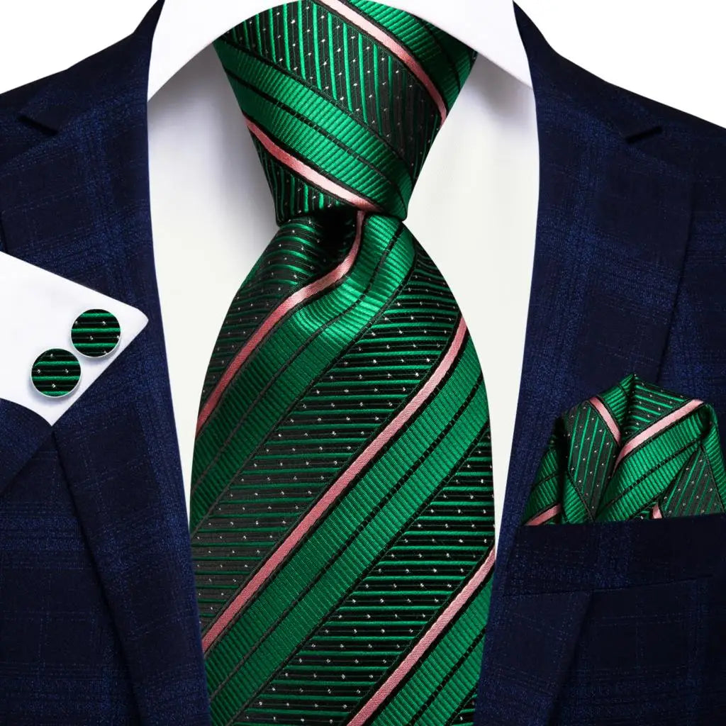 Green and Pink Striped Silk Tie - With Matching Cufflinks & Pocket Square