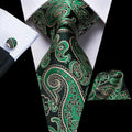 Green Paisley Silk Tie - With Matching Cufflinks & Pocket Square