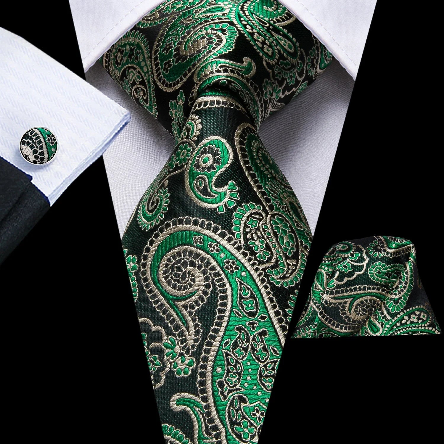 Green Paisley Silk Tie - With Matching Cufflinks & Pocket Square