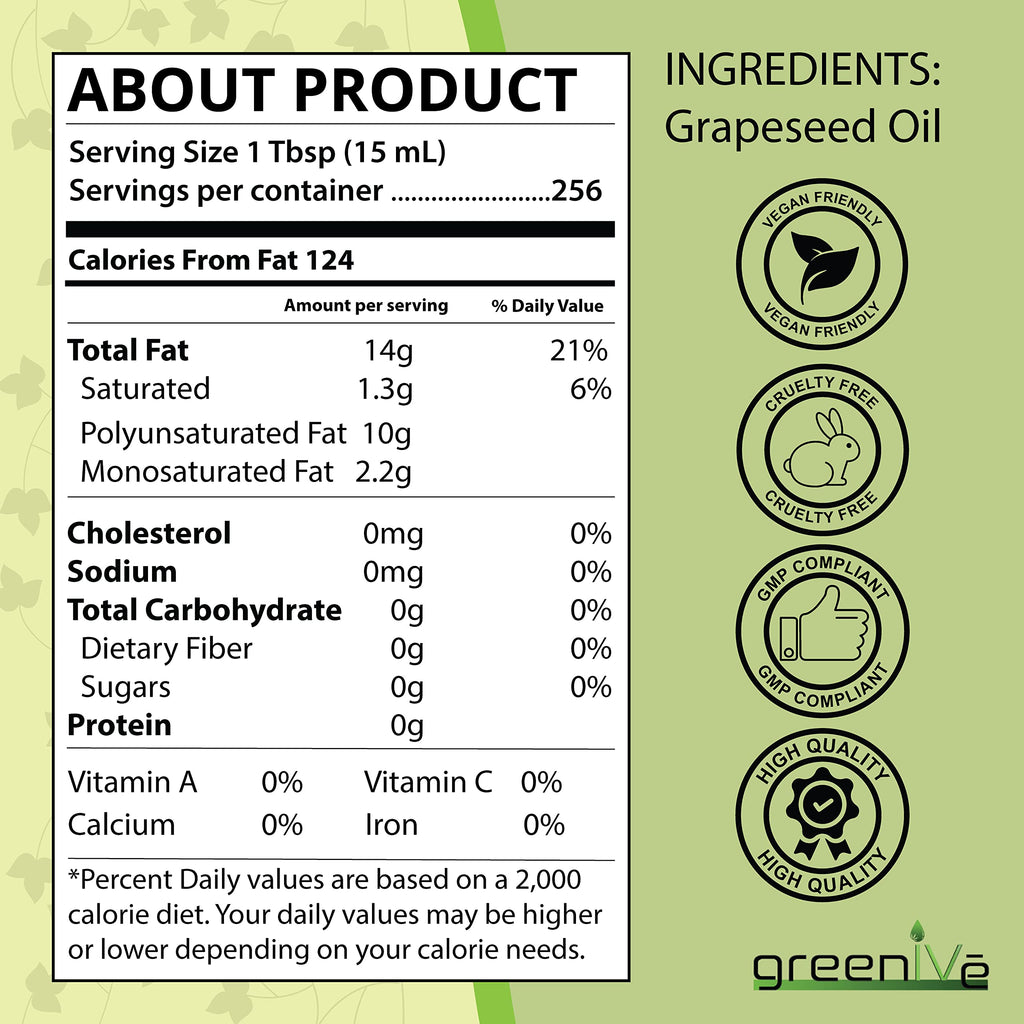 GreenIVe Grapeseed Oil – 100% Pure, Cold-Pressed, Organic, 128 oz Gallon