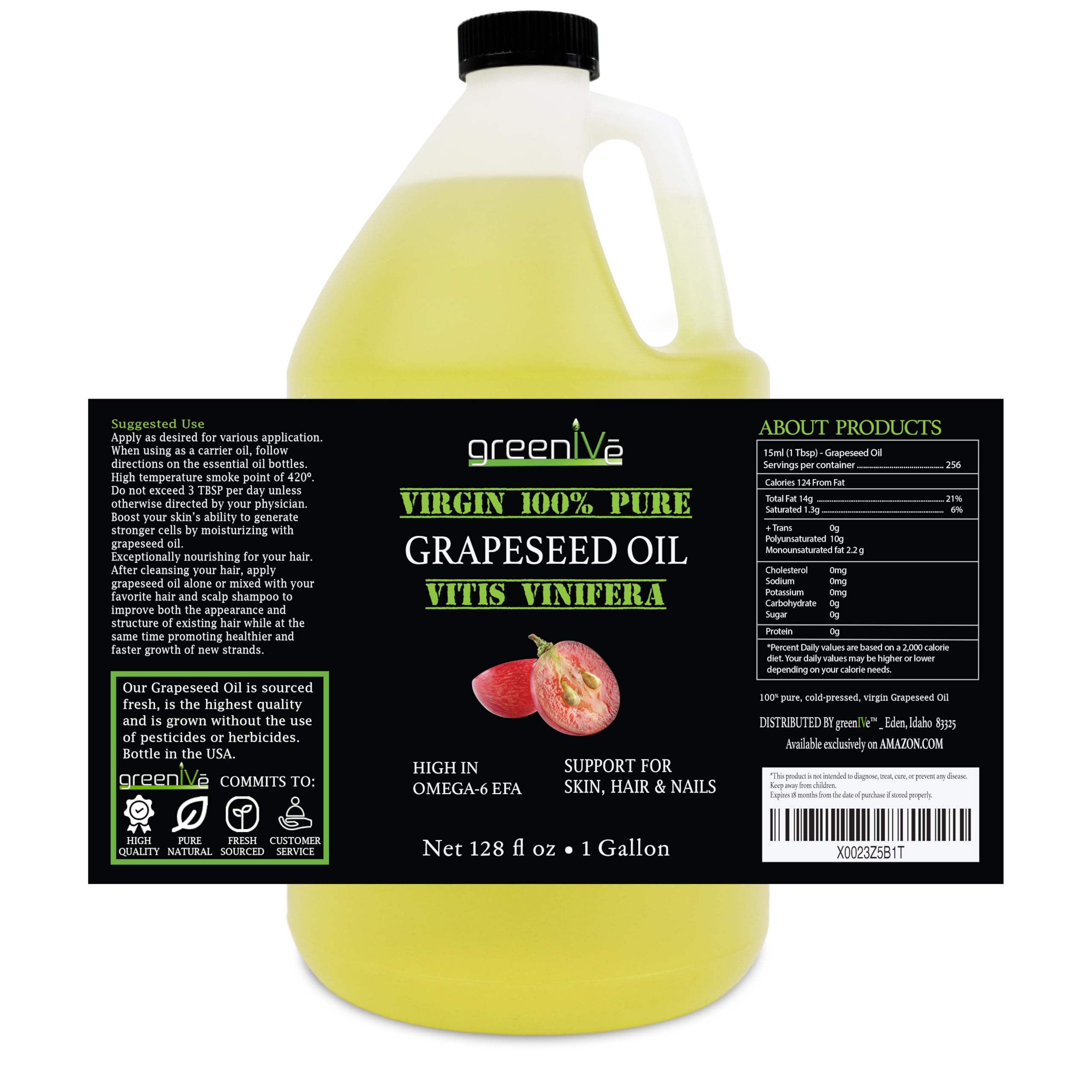 GreenIVe Grapeseed Oil – 100% Pure, Cold-Pressed, Organic, 128 oz Gallon