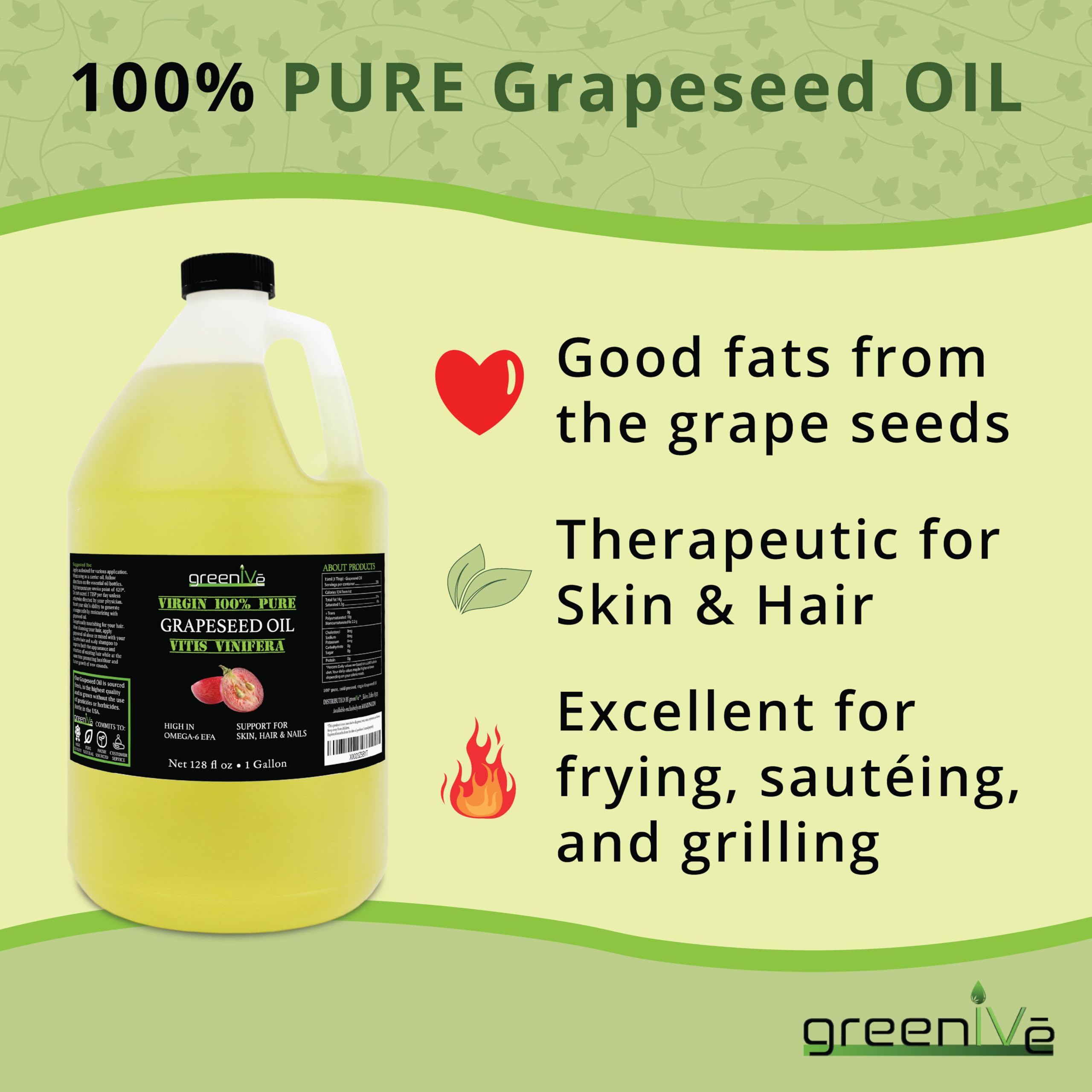 GreenIVe Grapeseed Oil – 100% Pure, Cold-Pressed, Organic, 128 oz Gallon