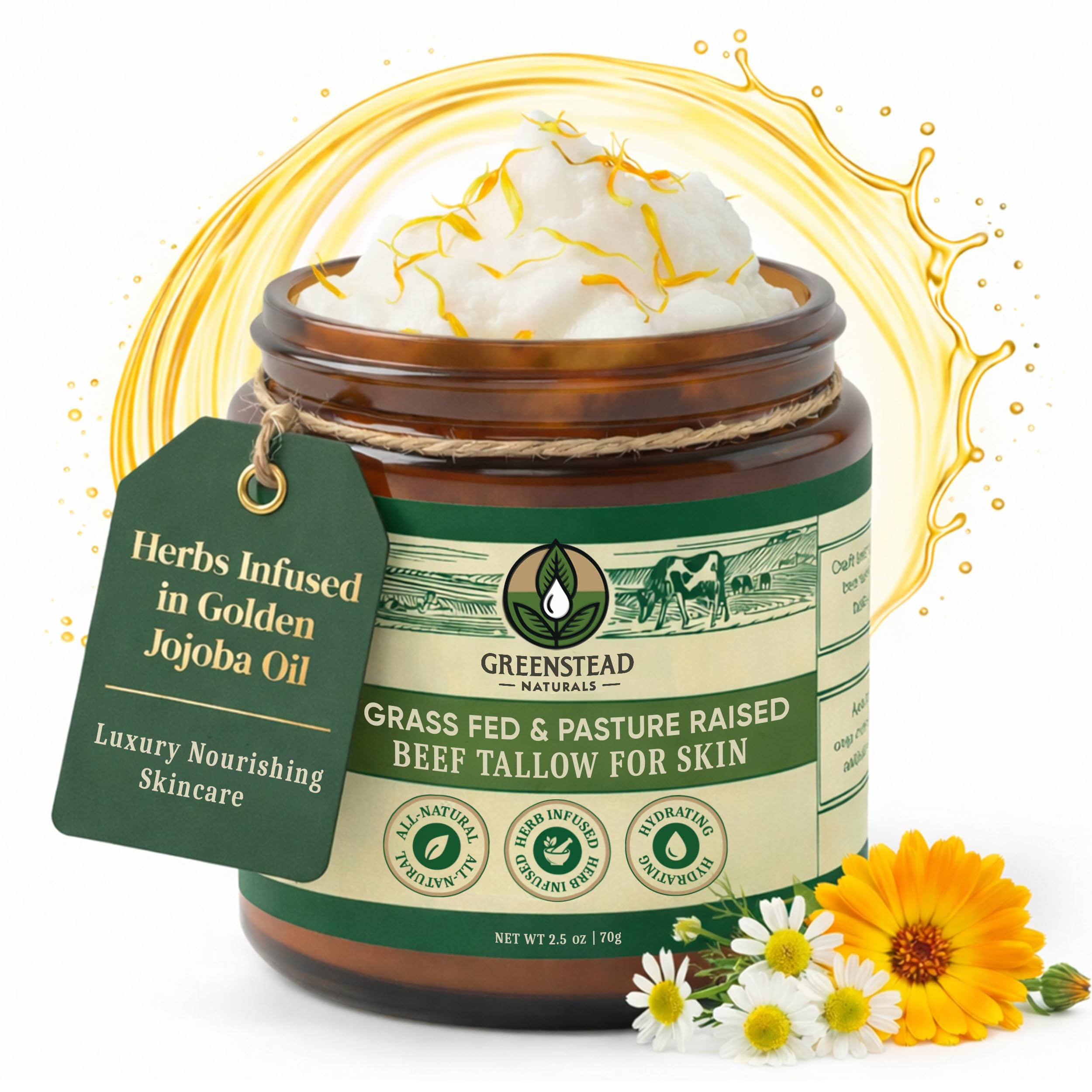 Greenstead Naturals Organic Beef Tallow Balm — Whipped Moisturizer with Jojoba & Cocoa Butter (Unscented)