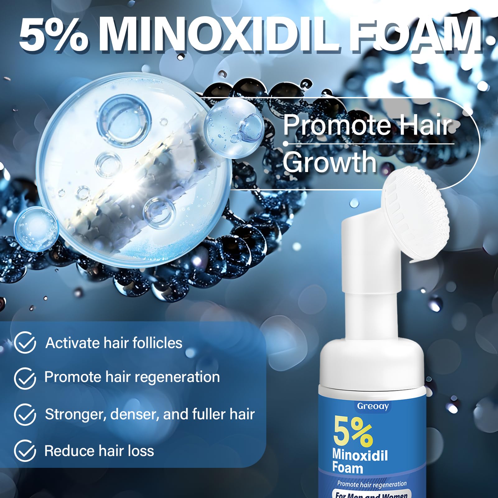 Greoay 5% Minoxidil Hair Growth Foam – 2.11 oz | For Men & Women, Fuller, Thicker Hair