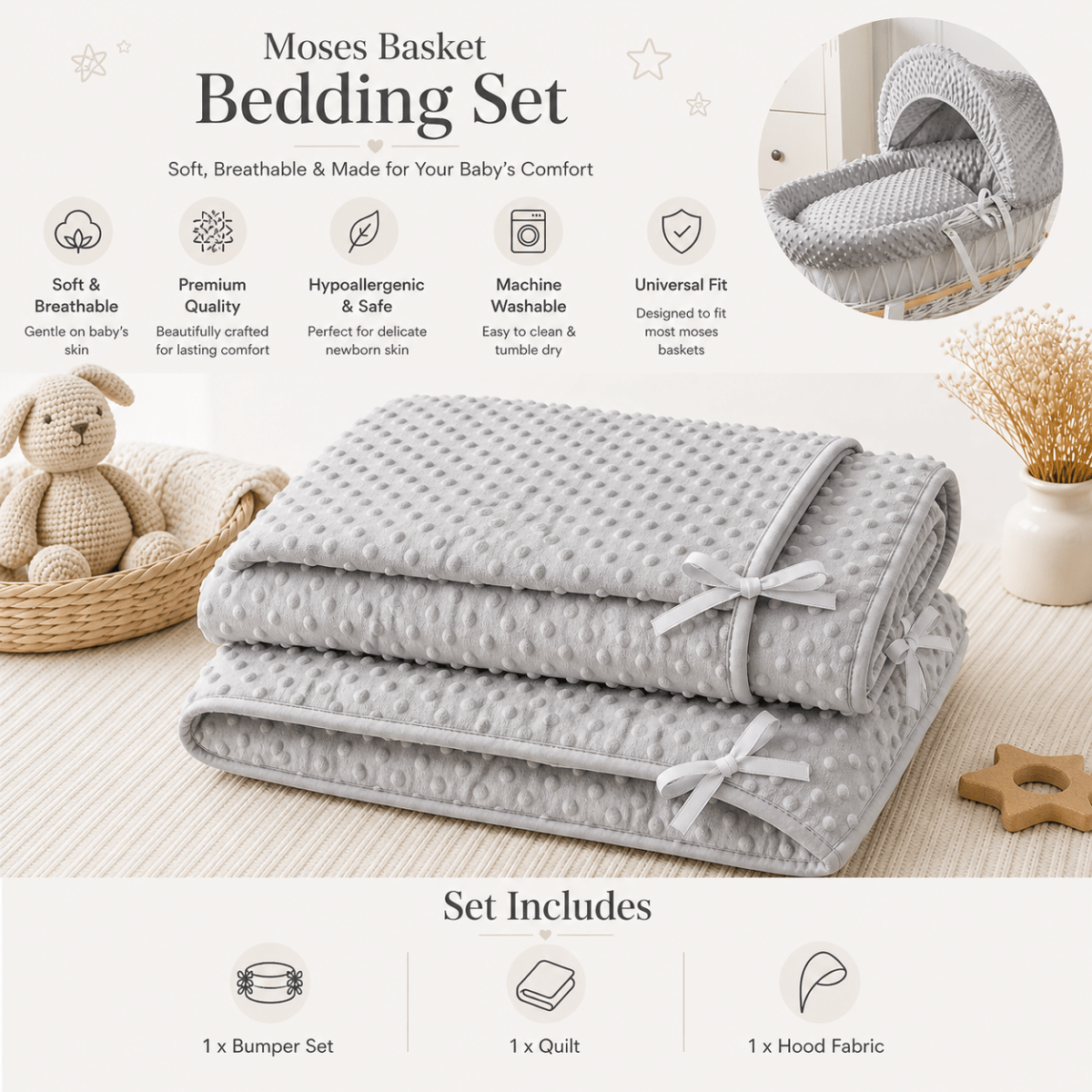 Grey Dimple Moses Basket Bedding Set (Basket Not Included!)