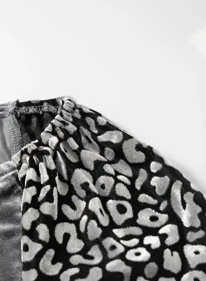 Grey Leopard Velvet Lantern Sleeve Blouse Women UK