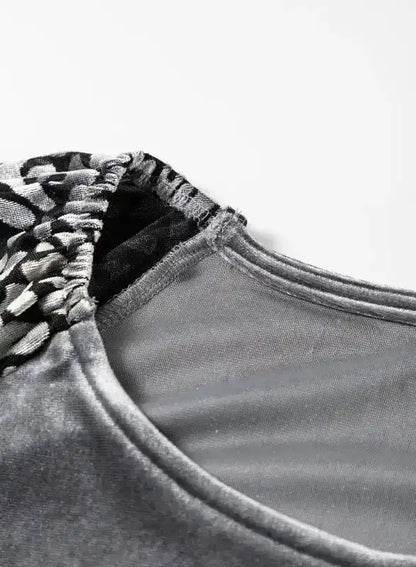 Grey Leopard Velvet Lantern Sleeve Blouse Women UK