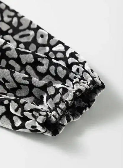 Grey Leopard Velvet Lantern Sleeve Blouse Women UK
