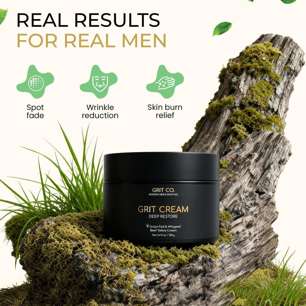 GRIT CO. GRIT CREAM™ Grass Fed Beef Tallow Face Moisturizer for Men [TALLOW-BASED] – Fragrance Free, Non-Greasy, 3.4 oz