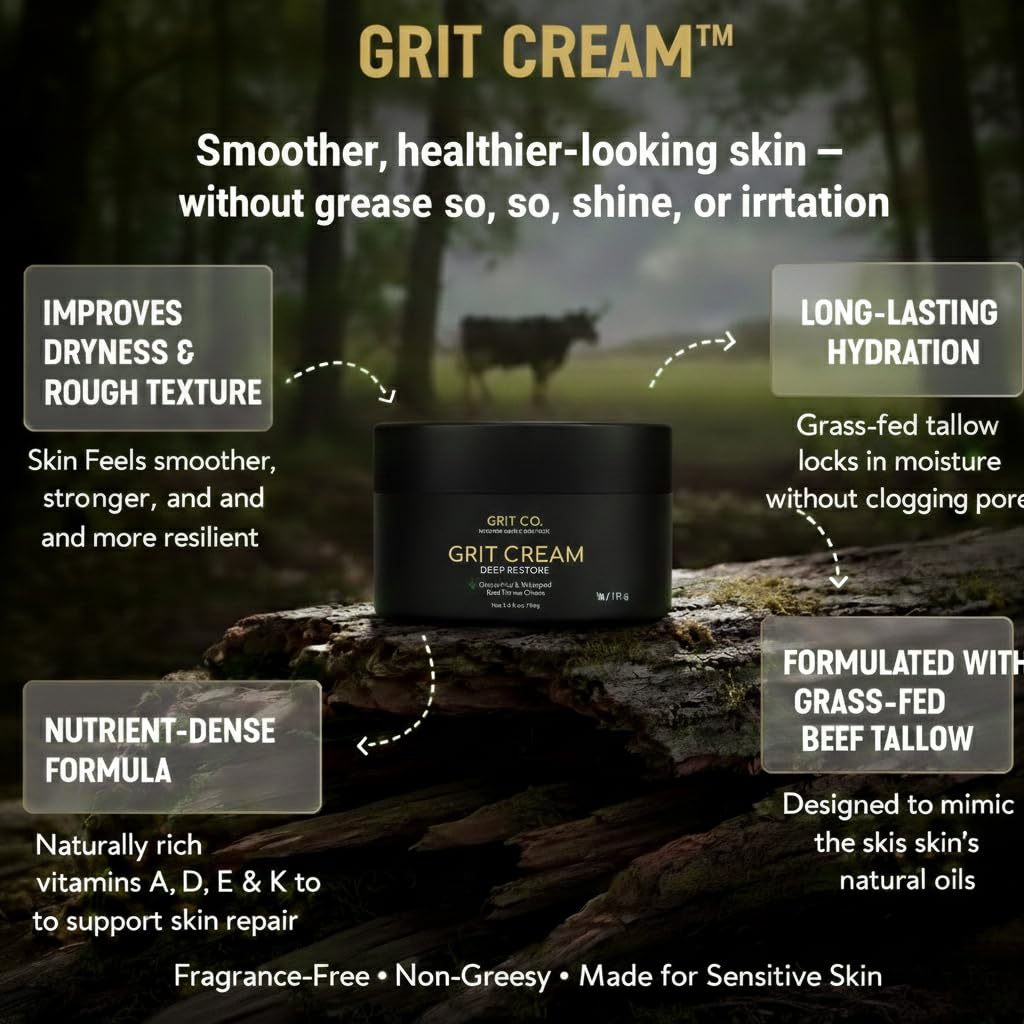 GRIT CO. GRIT CREAM™ Grass Fed Beef Tallow Face Moisturizer for Men [TALLOW-BASED] – Fragrance Free, Non-Greasy, 3.4 oz