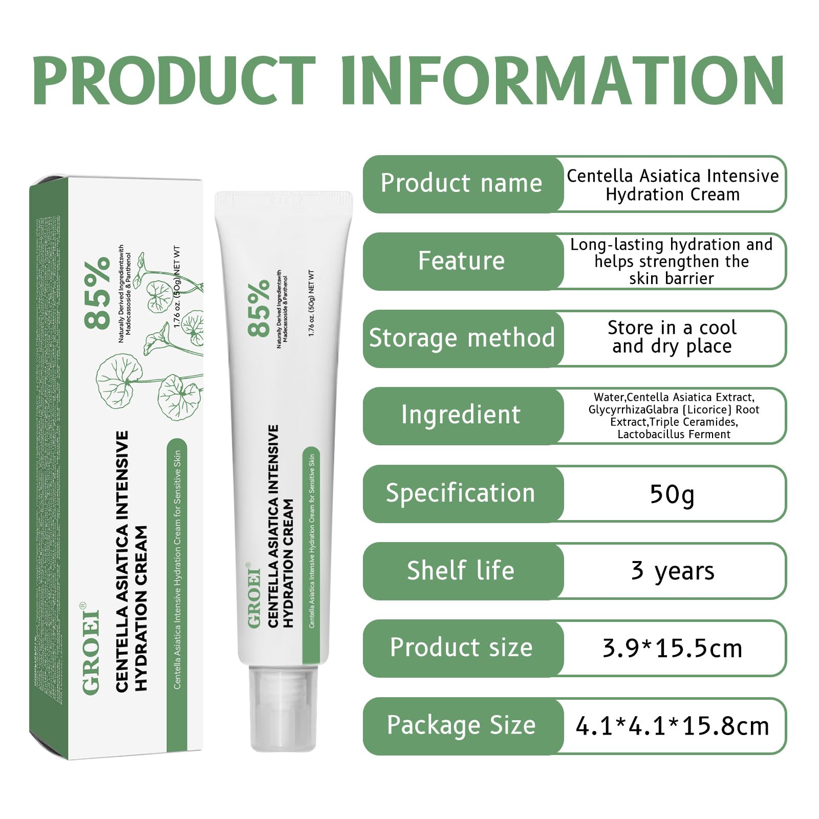 GROEI Centella Asiatica Intensive Hydration Cream - 85% Natural Ingredients | 50g