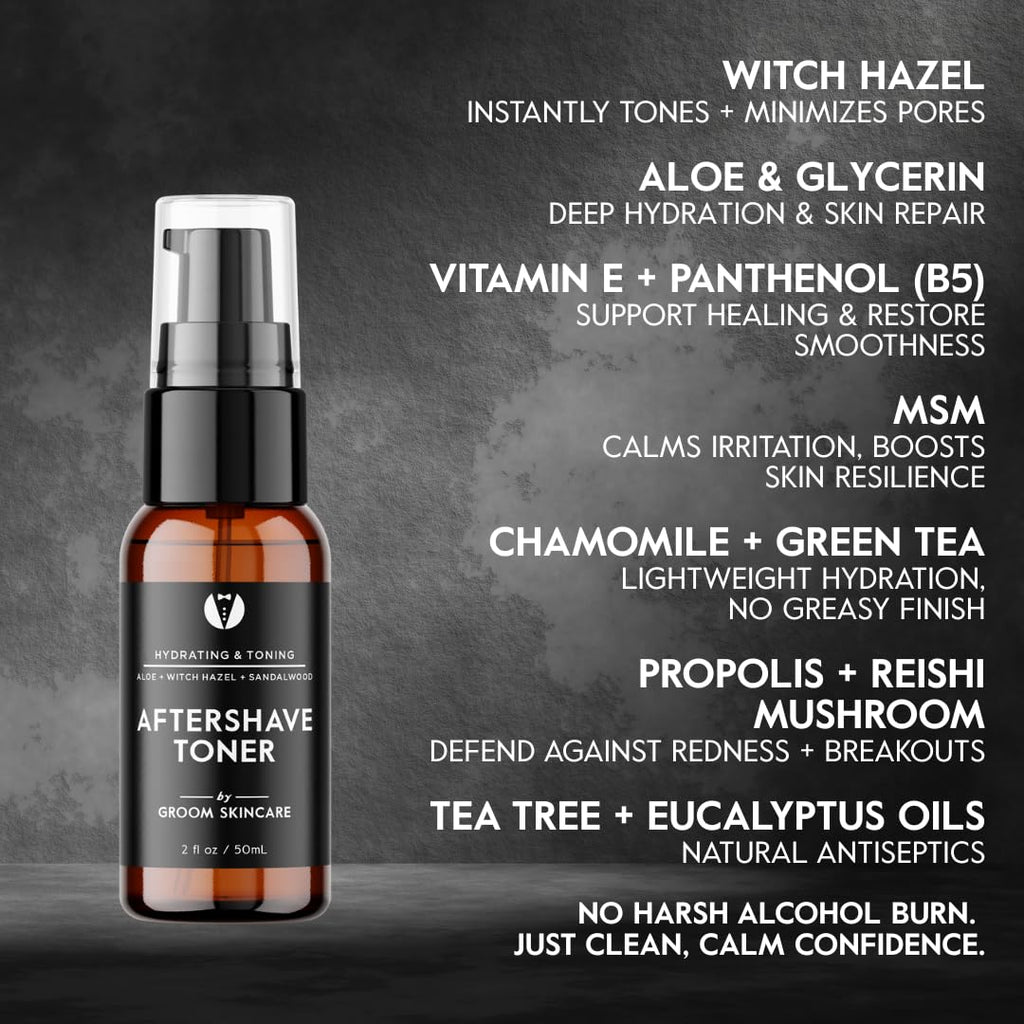 GROOM After Shave Toner for Men | Soothing, Pore-Tightening Formula with Aloe, Sandalwood, Chamomile & Vitamins A+E | 2 oz