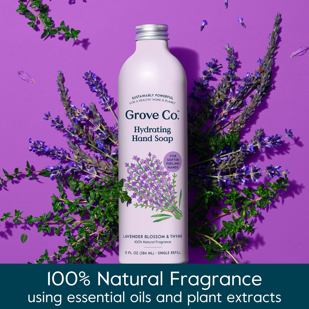 Grove Co. Hydrating Hand Soap Refills (2x13 oz) + Reusable Glass Dispenser – Lavender Blossom & Thyme