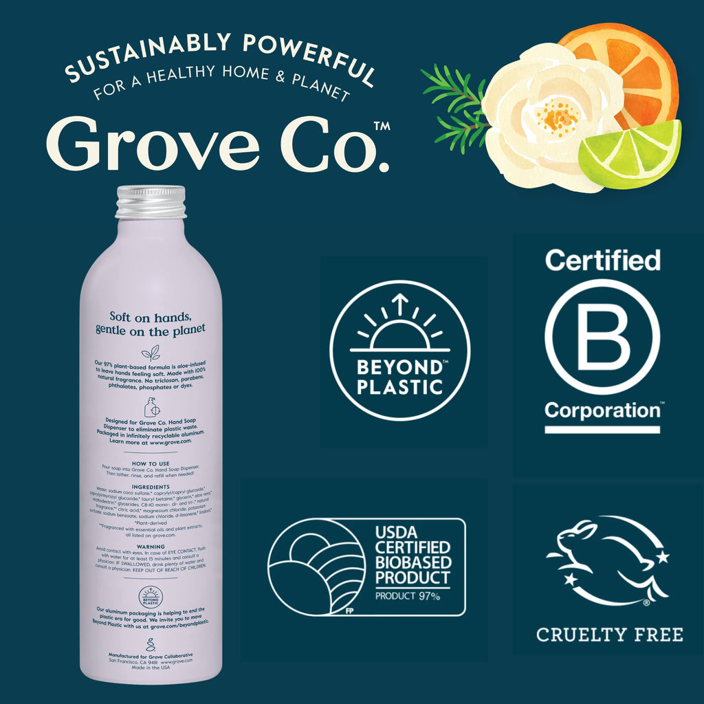 Grove Co. Hydrating Hand Soap Refills (2x13 oz) + Reusable Glass Dispenser – Lavender Blossom & Thyme