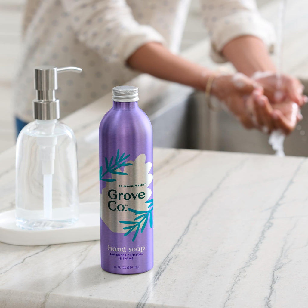 Grove Co. Hydrating Hand Soap Refills (2x13 oz) + Reusable Glass Dispenser – Lavender Blossom & Thyme
