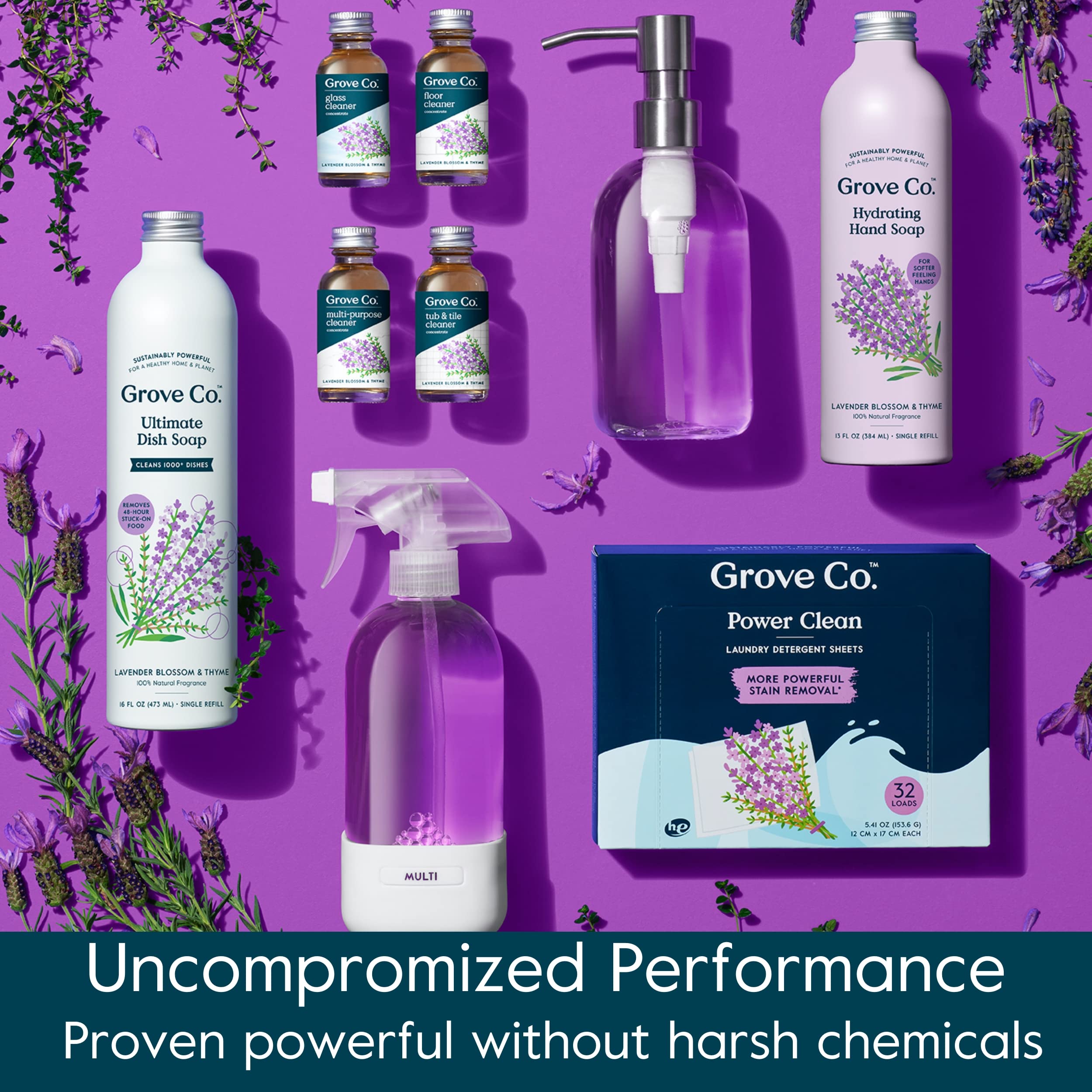 Grove Co. Hydrating Hand Soap Refills (2x13 oz) + Reusable Glass Dispenser – Lavender Blossom & Thyme
