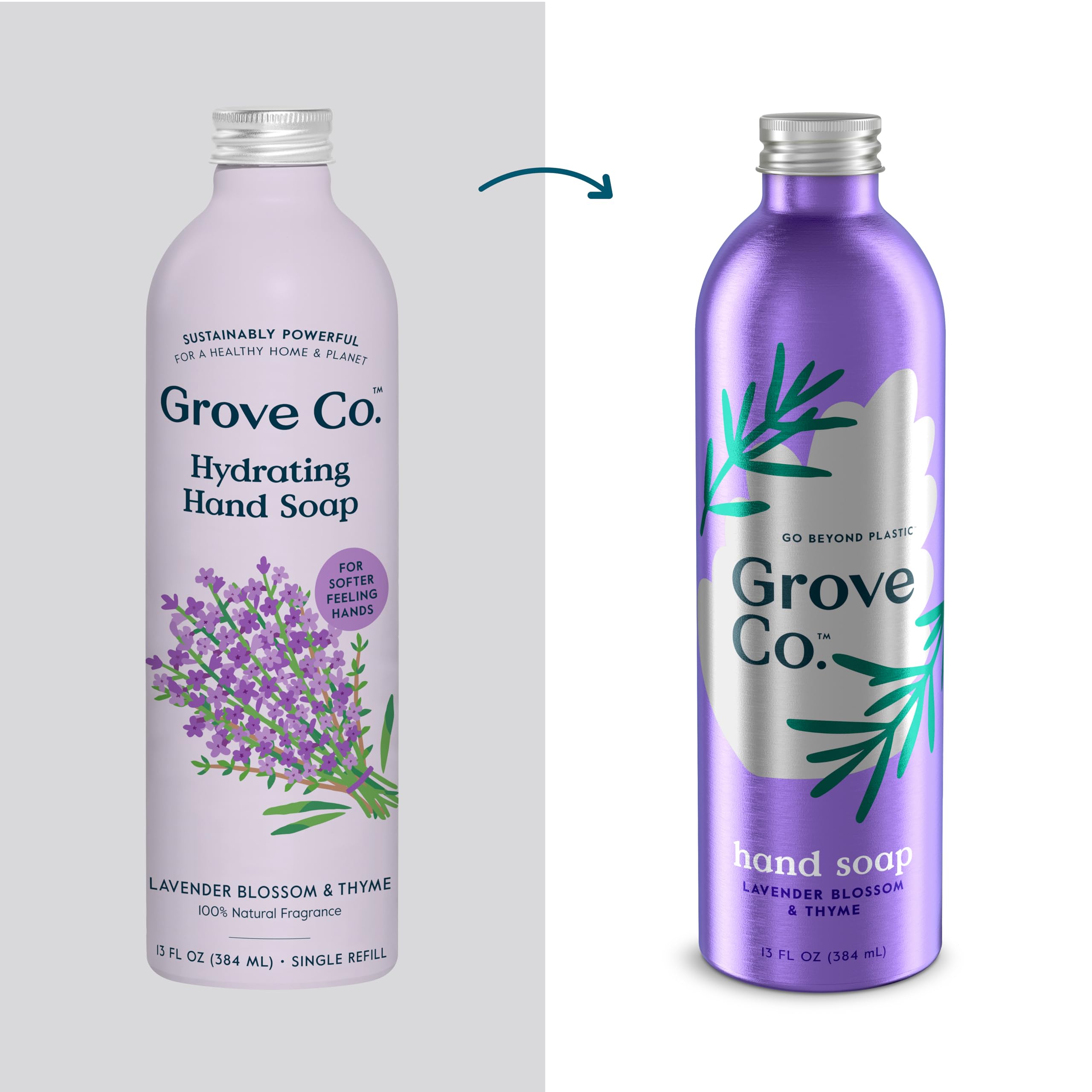 Grove Co. Hydrating Hand Soap Refills (2x13 oz) + Reusable Glass Dispenser – Lavender Blossom & Thyme