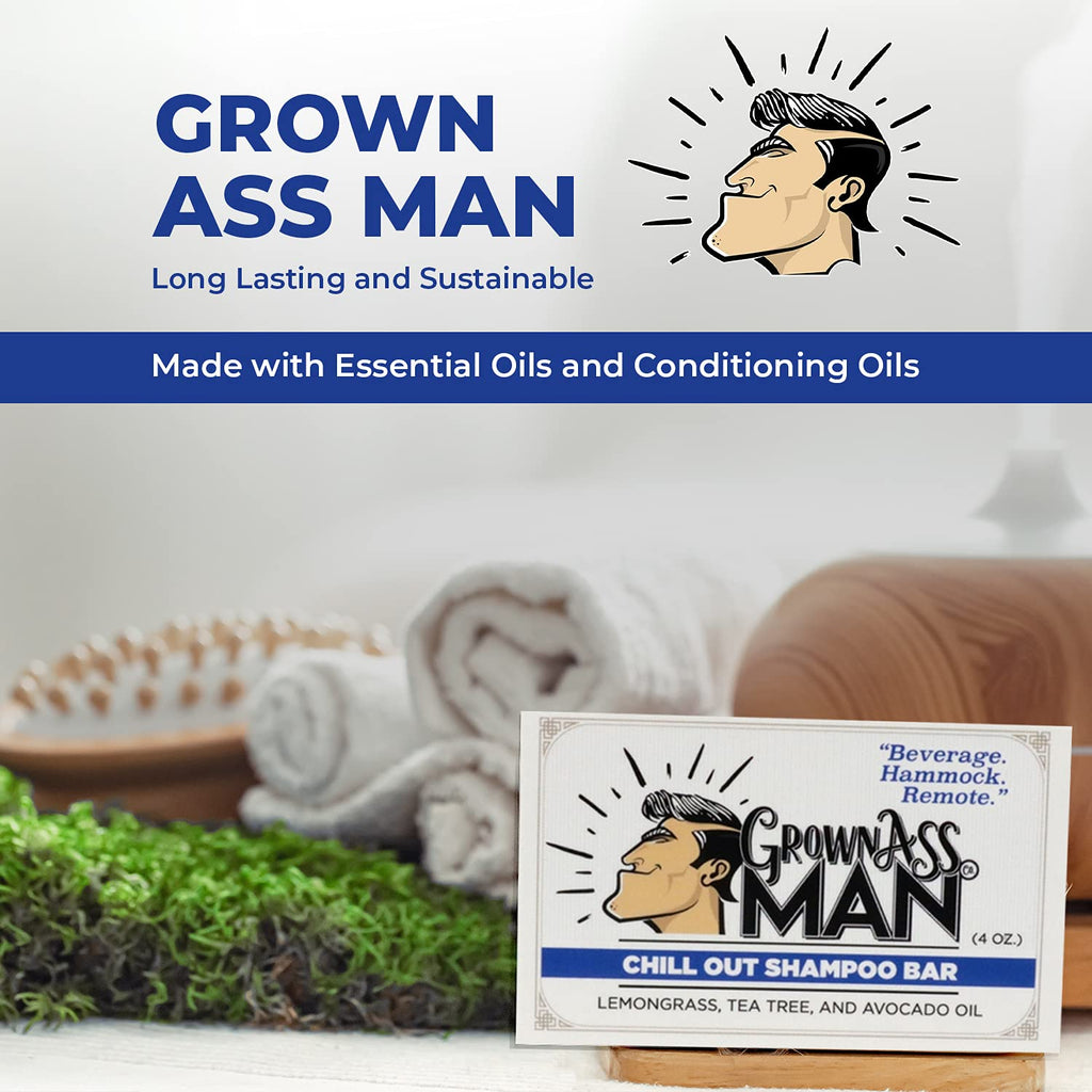 Grown Ass Man Co. Solid Shampoo Bar 3-in-1 – Hair, Beard & Body (4oz) | Plastic Free, Chill Out 6-Pack