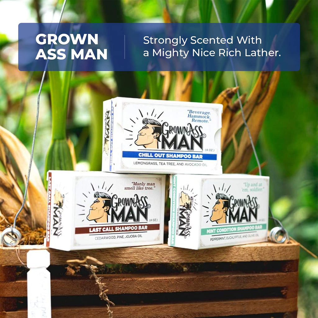 Grown Ass Man Co. Solid Shampoo Bar 3-in-1 – Hair, Beard & Body (4oz) | Plastic Free, Chill Out 6-Pack