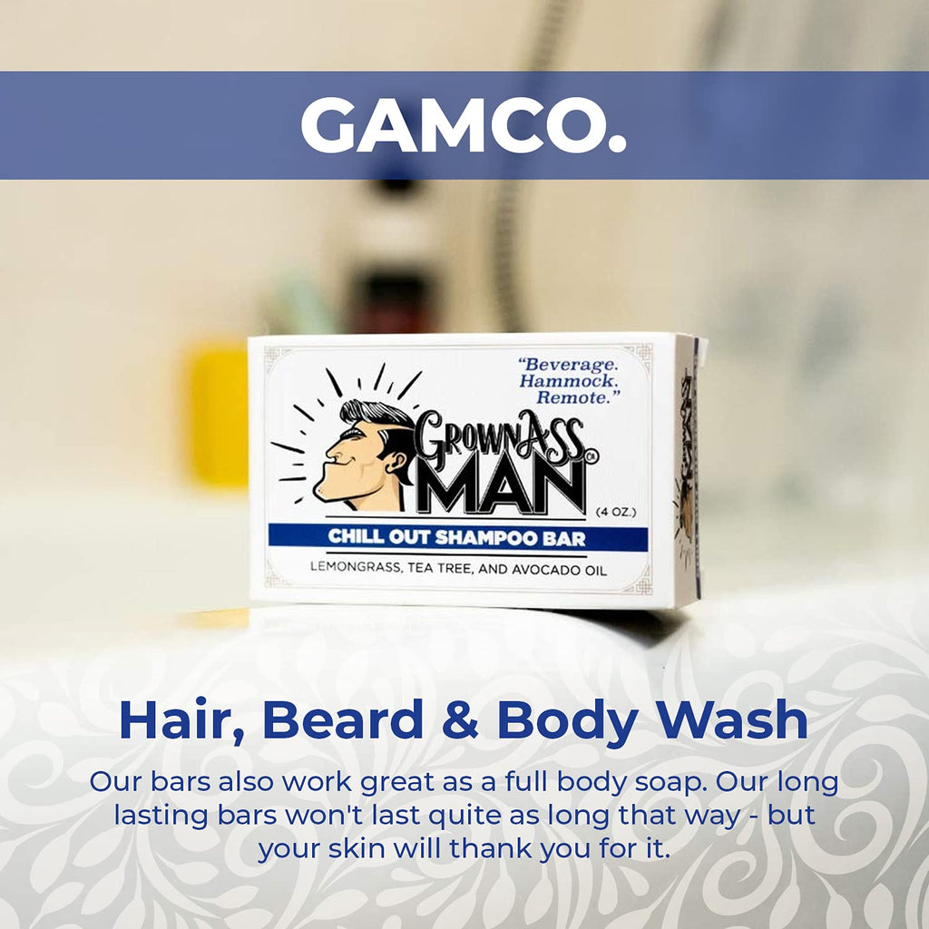 Grown Ass Man Co. Solid Shampoo Bar 3-in-1 – Hair, Beard & Body (4oz) | Plastic Free, Chill Out 6-Pack
