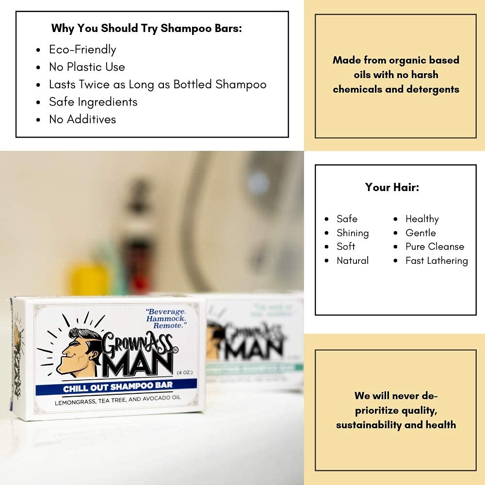Grown Ass Man Co. Solid Shampoo Bar 3-in-1 – Hair, Beard & Body (4oz) | Plastic Free, Chill Out 6-Pack