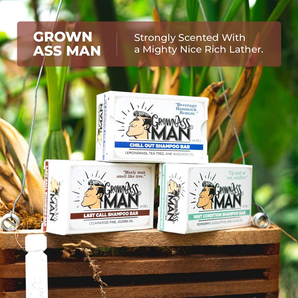 Grown Ass Man Co. Solid Shampoo Bar 3-in-1: Hair, Beard & Body – Plastic-Free, Natural & Organic, 4oz (Last Call, 3-Pack)