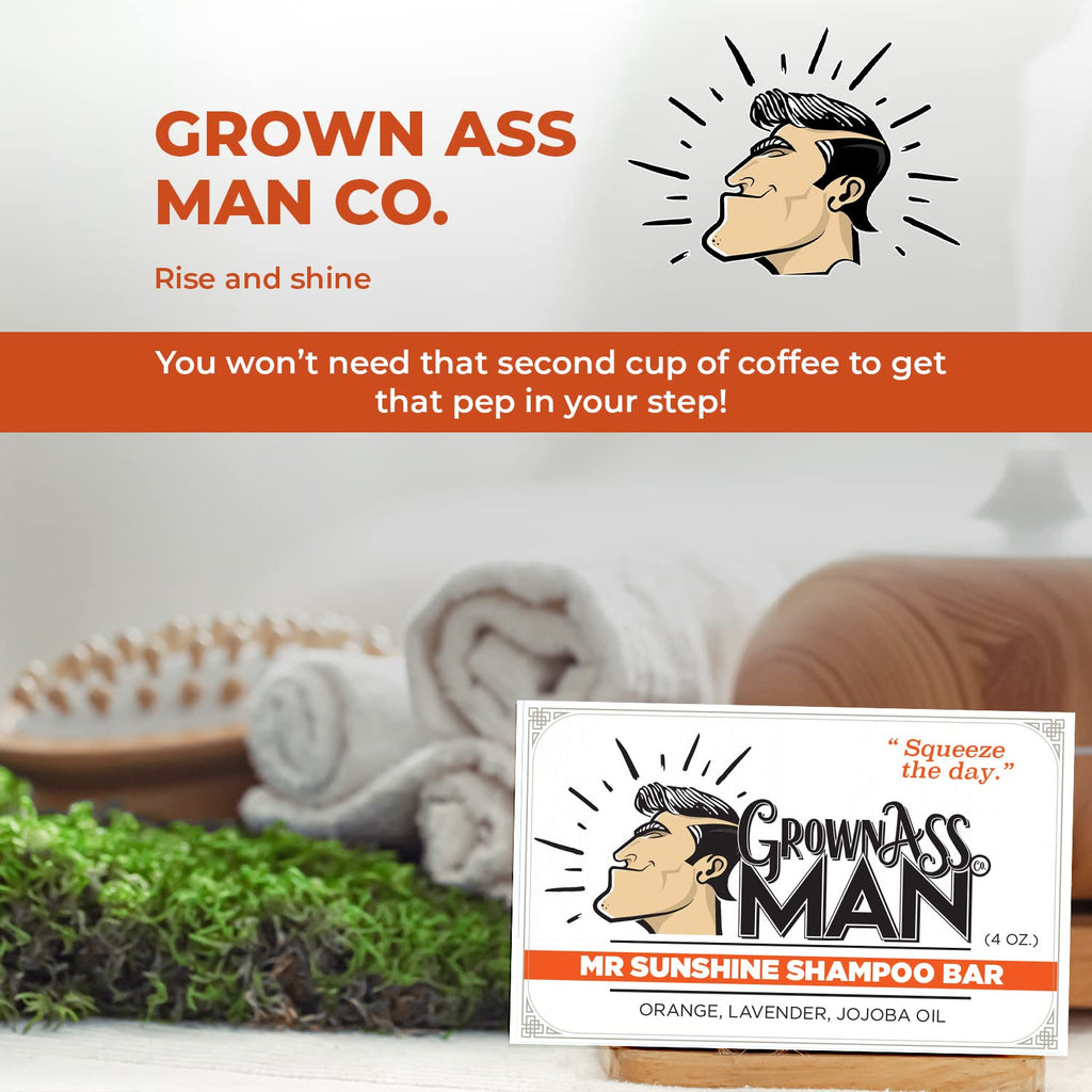 Grown Ass Man Co. Mister Sunshine Solid Shampoo Bar 3in1 – Hair, Beard & Body Wash | Plastic Free, Natural & Organic, 4oz | Mister Sunshine 6-Pack