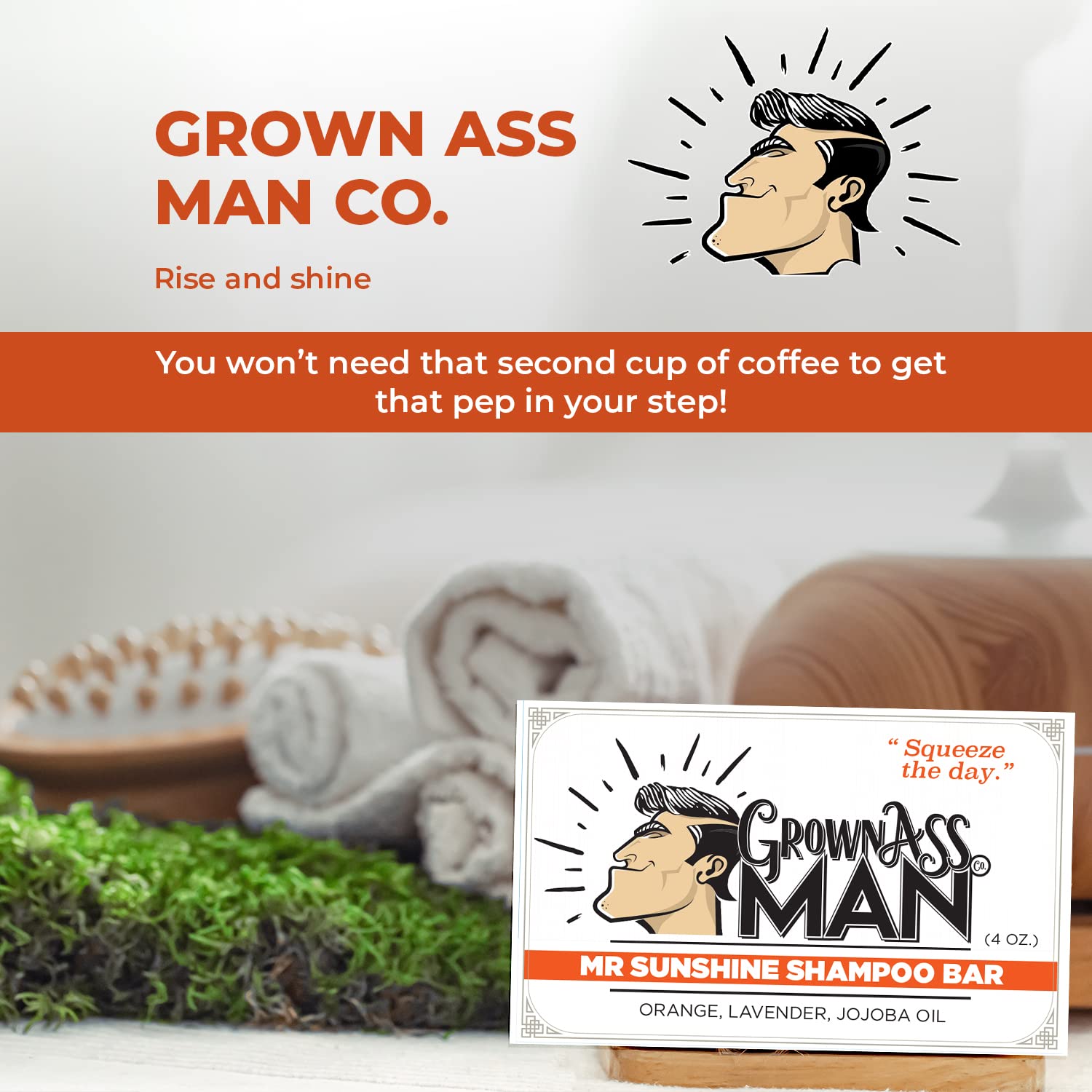 Grown Ass Man Co. Mister Sunshine Solid Shampoo Bar 3in1 – Hair, Beard & Body Wash | Plastic Free, Natural & Organic, 4oz | Mister Sunshine 6-Pack