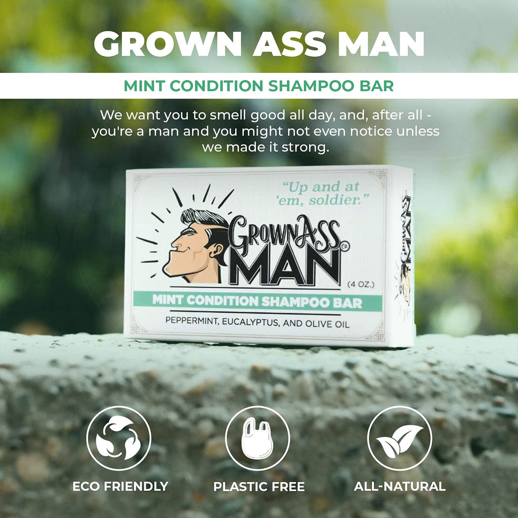 Grown Ass Man Co. Solid Shampoo Bar 3 in 1 – Hair, Beard & Body Wash | Plastic Free Mint Condition 4oz