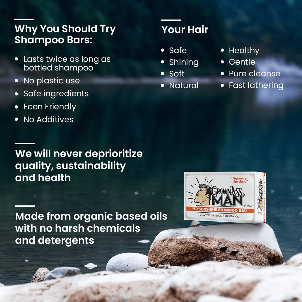Grown Ass Man Co. Mister Sunshine Solid Shampoo Bar 3in1 – Hair, Beard & Body Wash | Plastic Free, Natural & Organic, 4oz | Mister Sunshine 6-Pack