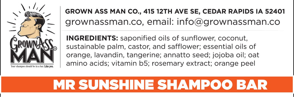 Grown Ass Man Co. Mister Sunshine Solid Shampoo Bar – 3 in 1 for Hair, Beard & Body, Plastic Free, 4oz