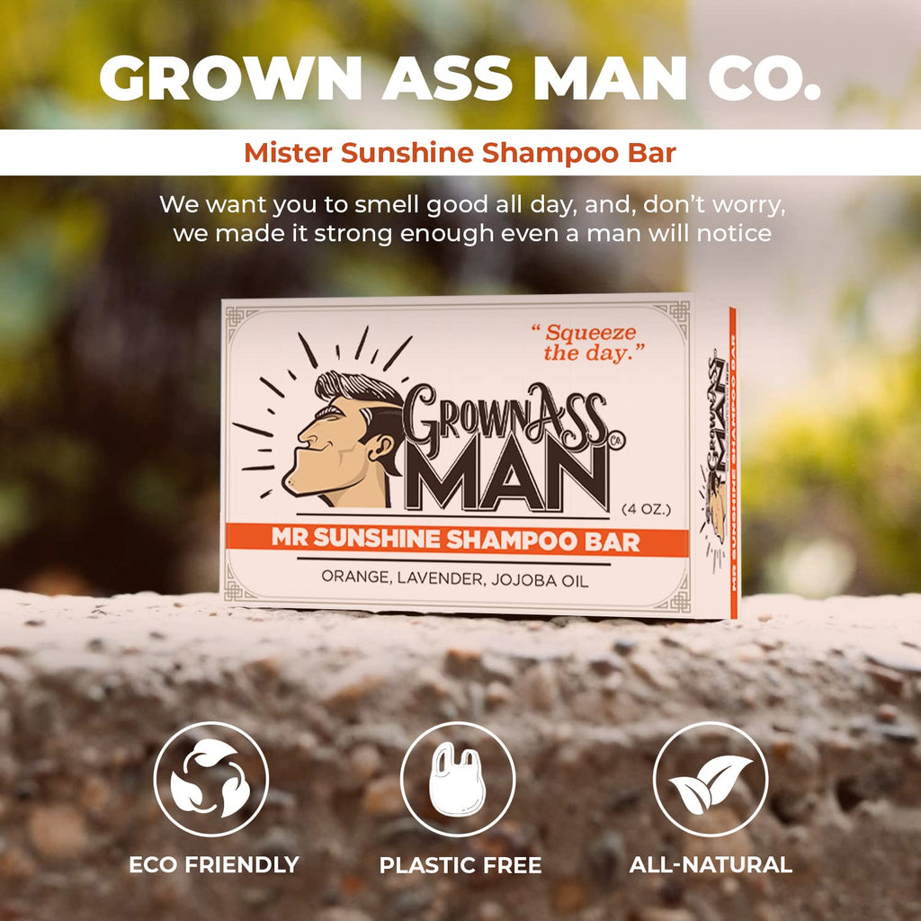 Grown Ass Man Co. Mister Sunshine Solid Shampoo Bar – 3 in 1 for Hair, Beard & Body, Plastic Free, 4oz