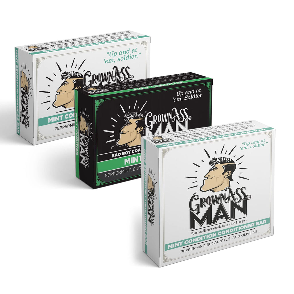 Grown Ass Man Co. Full Bath Bundle For Men - Mint Condition Shampoo Bar, Conditioner Bar & Body Bar (Plastic Free & Vegan)