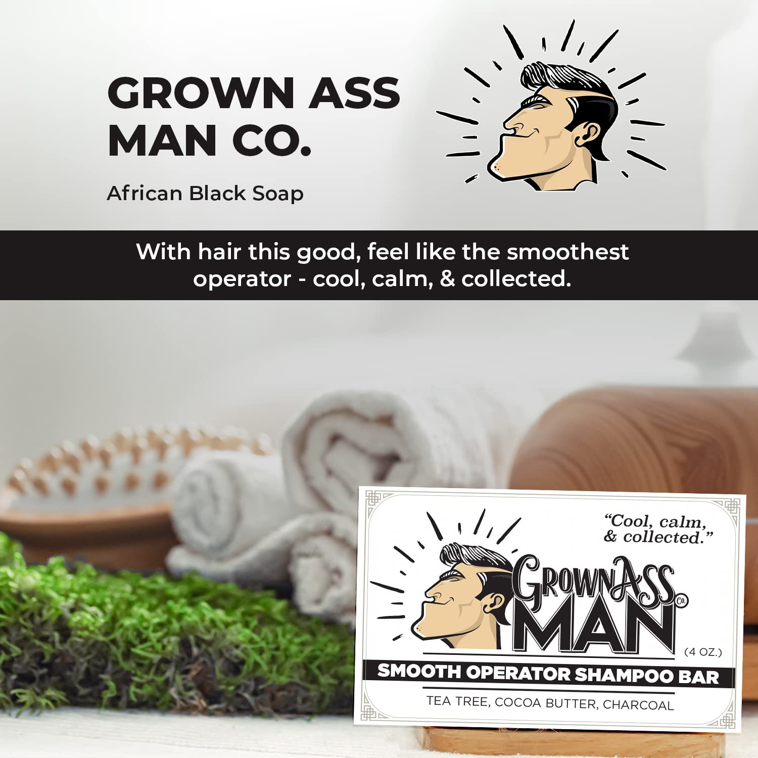 Grown Ass Man Co. Smooth Operator 3-in-1 Solid Shampoo Bar – Hair, Beard & Body (Plastic-Free)