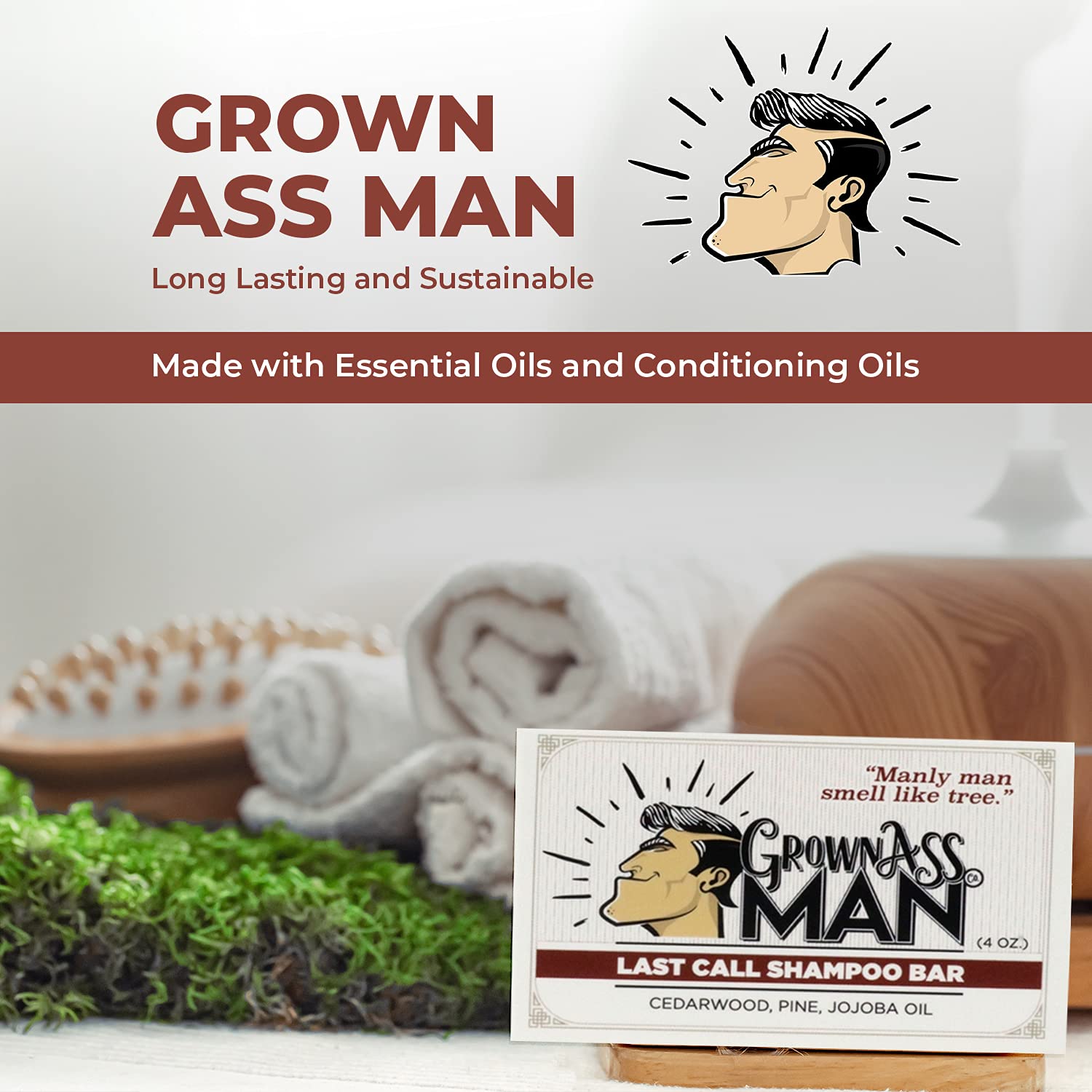 Grown Ass Man Co. Solid Shampoo Bar 3-in-1: Hair, Beard & Body – Plastic-Free, Natural & Organic, 4oz (Last Call, 3-Pack)