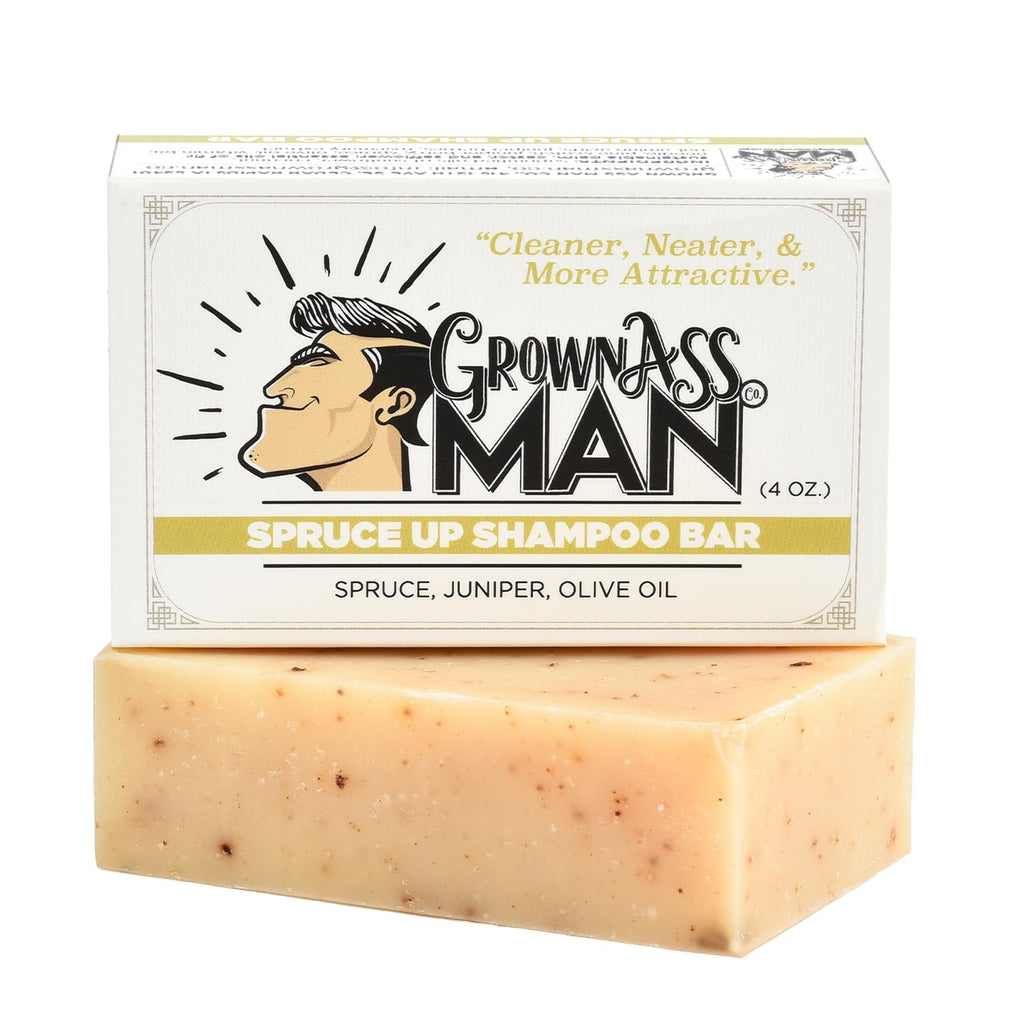 Grown Ass Man Co. Spruce Up Solid Shampoo Bar – 3-in-1 for Hair, Beard & Body, Plastic-Free, Natural & Organic, 4oz (6-Pack)