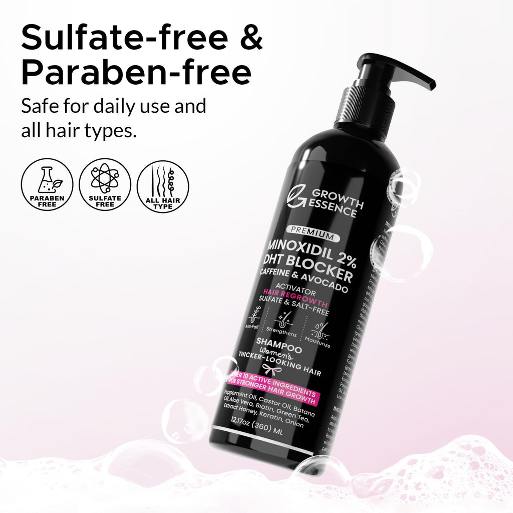 Growth Essence Minoxidil Shampoo for Women – 2% Regrowth Formula with Biotin, Caffeine & DHT Blockers