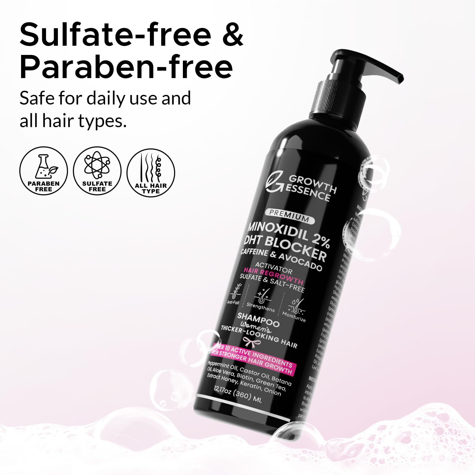 Growth Essence Minoxidil Shampoo for Women – 2% Regrowth Formula with Biotin, Caffeine & DHT Blockers