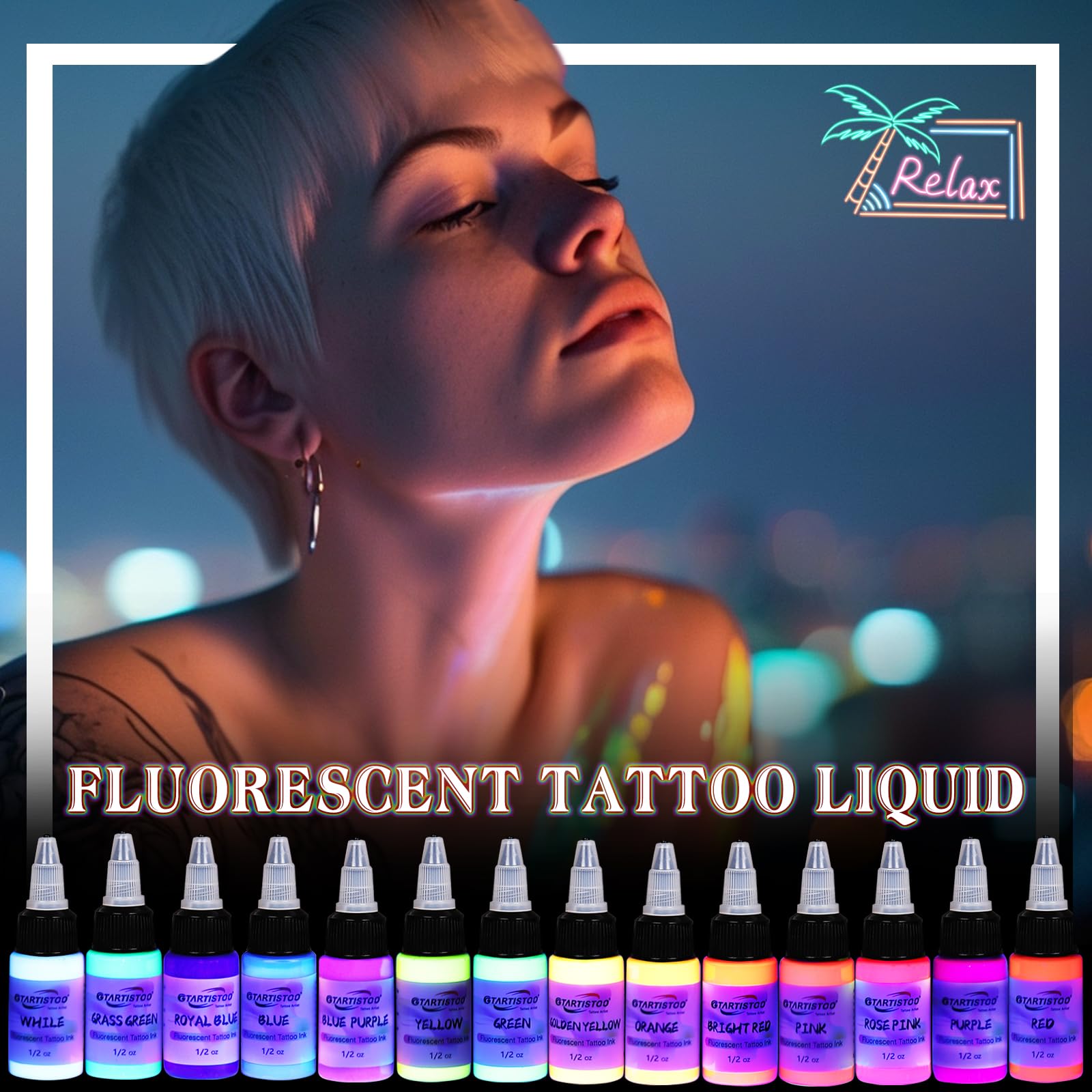 GTARTISTOO 14 Color Tattoo Ink Set (15ml) – UV Glow & High-Pigment Inks