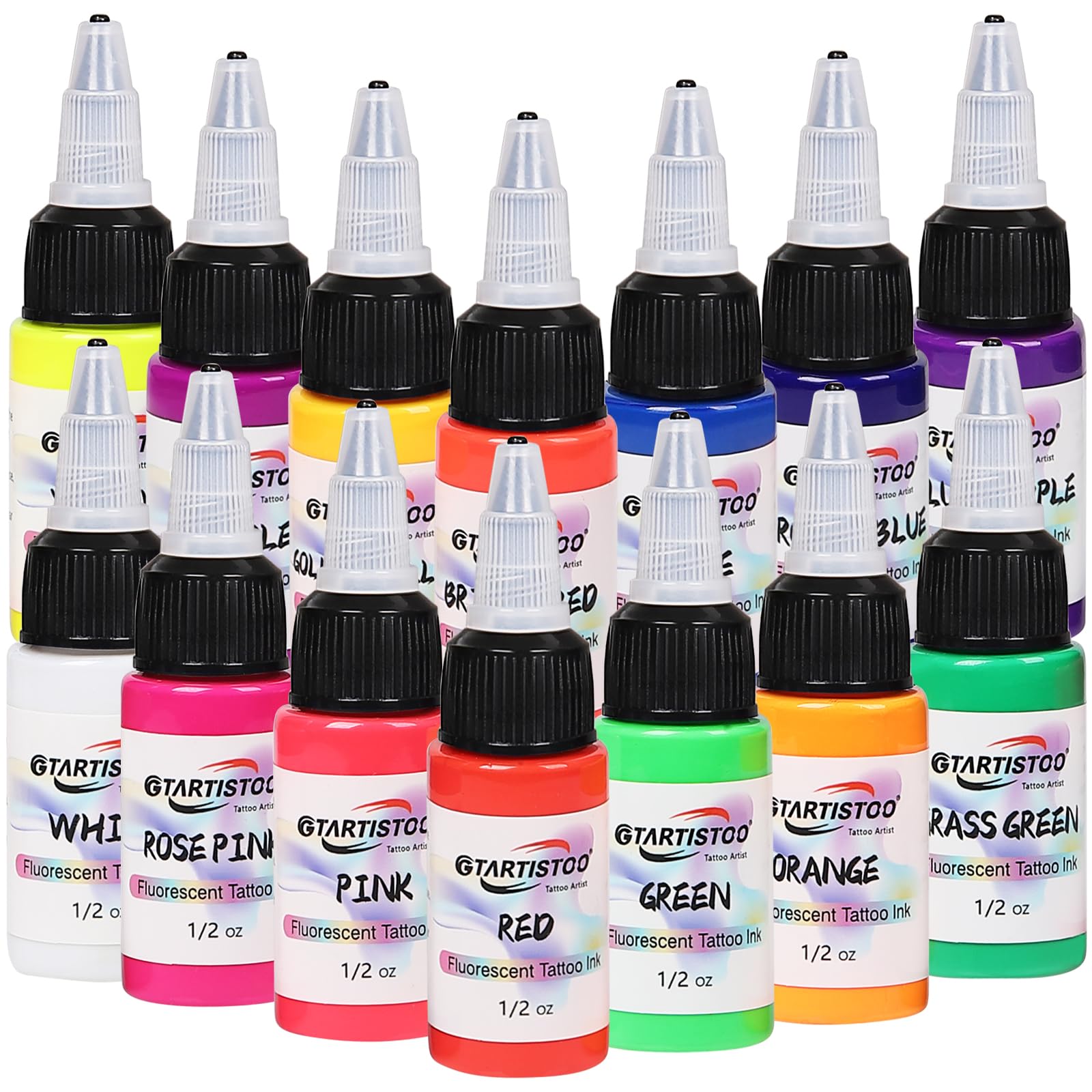 GTARTISTOO 14 Color Tattoo Ink Set (15ml) – UV Glow & High-Pigment Inks