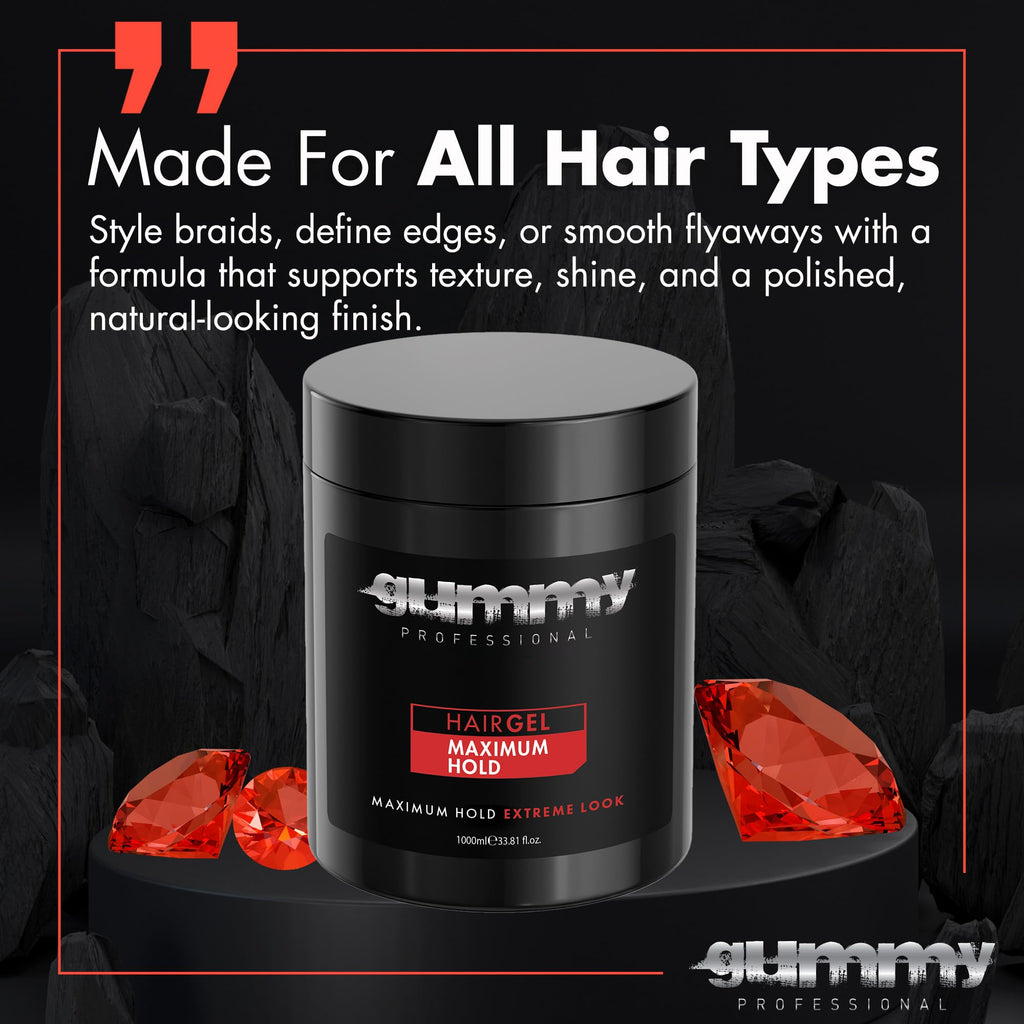 Gummy Professional Hair Gel 1000ml – Strong Hold for Slick Back, Curls, Braids