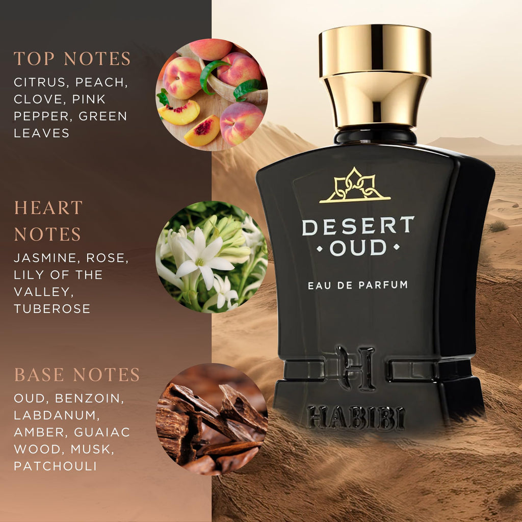H HABIBI Desert Oud Perfume for Men – 2.5 oz / 75 ml Long-Lasting Floral Woody Arabian Cologne