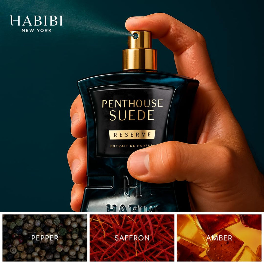 H HABIBI Penthouse Suede Perfume Extract – Unisex 2.5 oz Long-Lasting Fragrance with Amber Notes and Arabian Scent