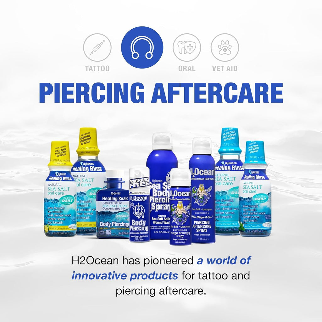 H2Ocean Piercing Aftercare Spray – 2x4oz Saline Cleanser for All Piercings