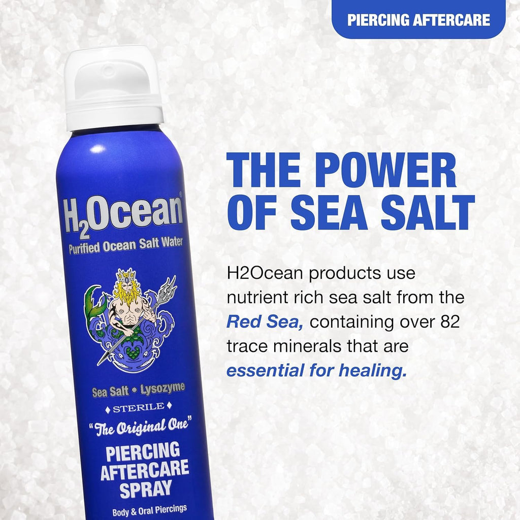 H2Ocean Piercing Aftercare Spray – 2x4oz Saline Cleanser for All Piercings