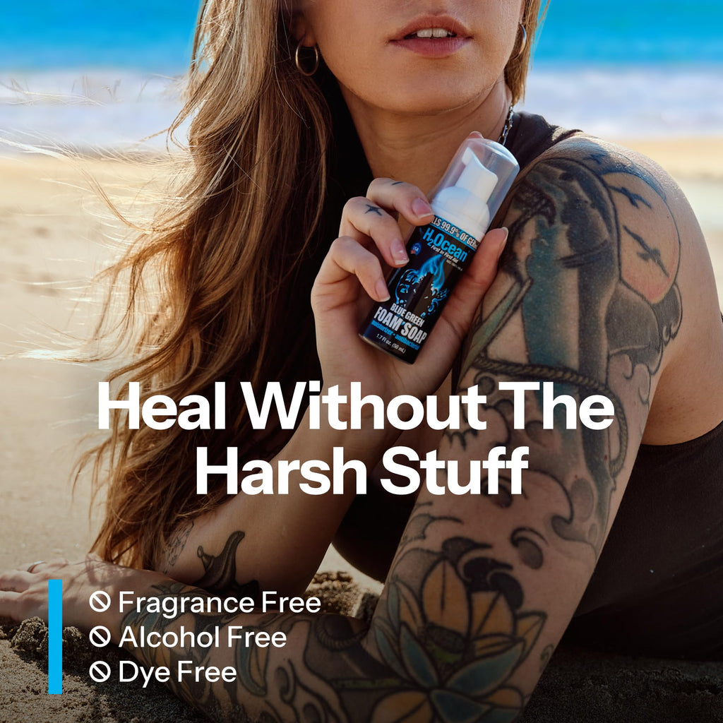 H2Ocean Blue Green Foam Soap – Alcohol-Free Tattoo Aftercare with Aloe Vera (Travel Size 1.7 oz)