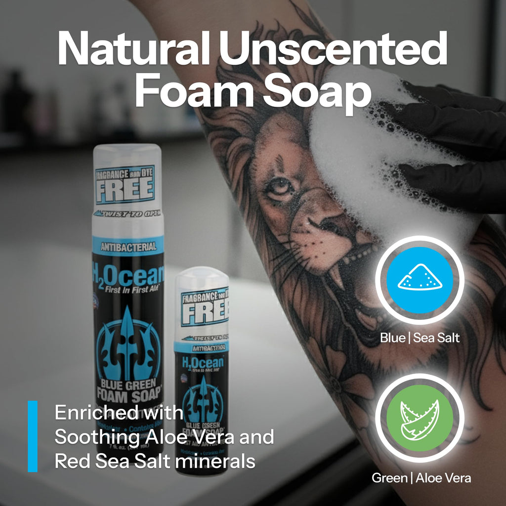 H2Ocean Blue Green Foam Soap – Alcohol-Free Tattoo Aftercare with Aloe Vera (Travel Size 1.7 oz)