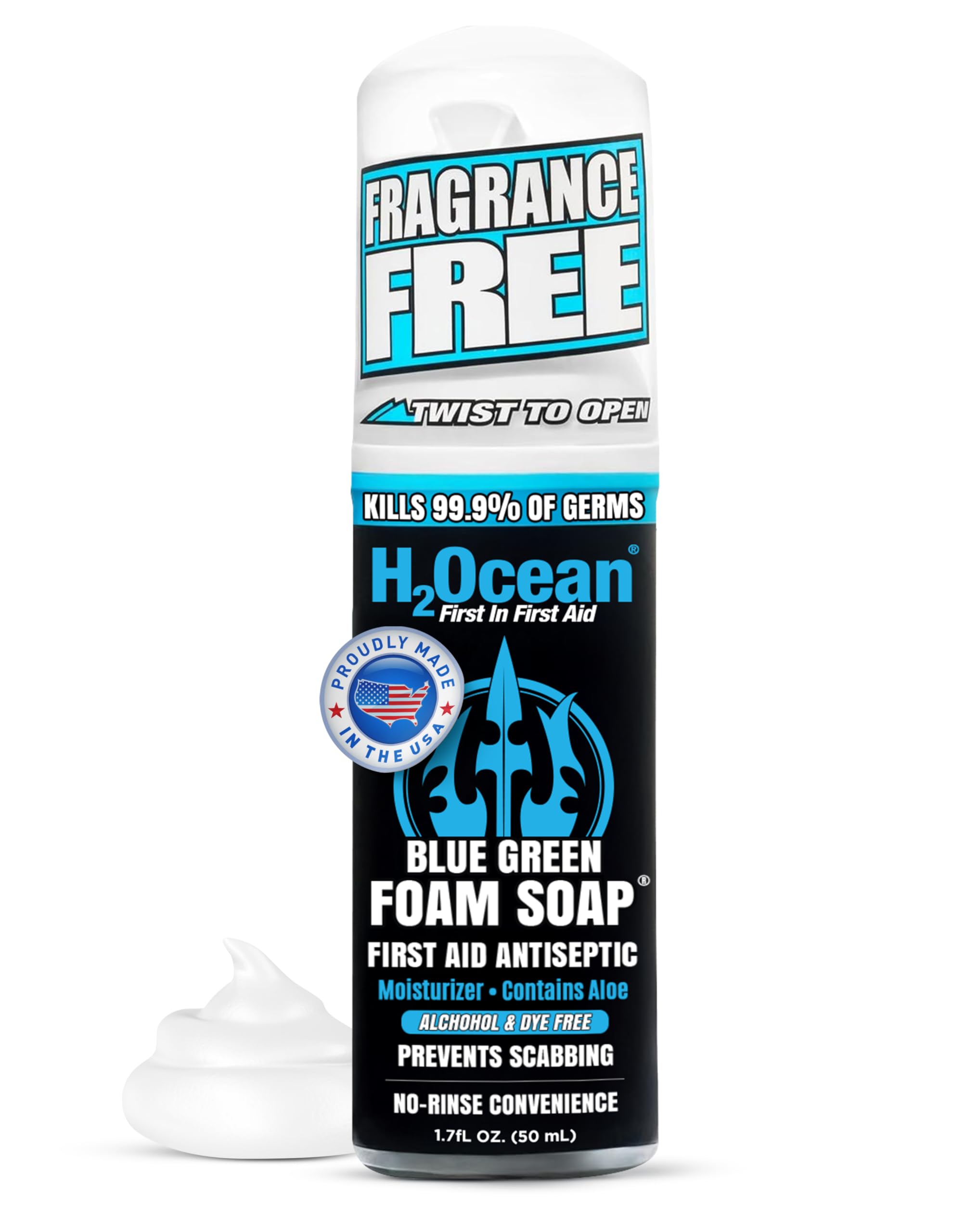 H2Ocean Blue Green Foam Soap – Alcohol-Free Tattoo Aftercare with Aloe Vera (Travel Size 1.7 oz)