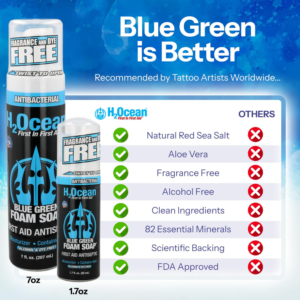 H2Ocean Blue Green Foam Soap – Alcohol-Free Tattoo Aftercare with Aloe Vera (Travel Size 1.7 oz)