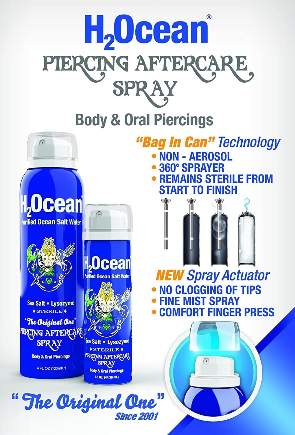 H2Ocean Piercing Aftercare Spray – 2x4oz Saline Cleanser for All Piercings